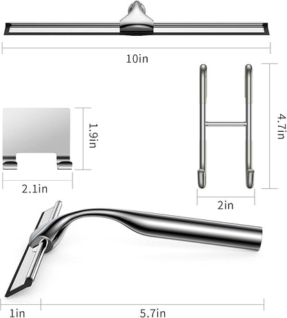 Stainless Steel Squeegee for Shower Glass Doors, 10-Inch All-Purpose Squeegee with Replacement Blade and Matching Hooks Holder, Silver