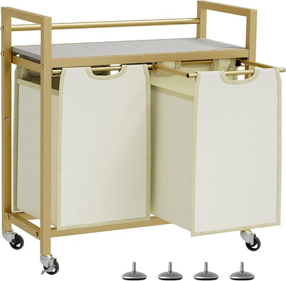 Laundry Hamper, Laundry Basket, Laundry Sorter with 3 Removable Bags, Clothes Basket with 3 Compartments, Wheels, Shelf for Laundry Room Bathroom Bedroom (2 Bags-Golden)