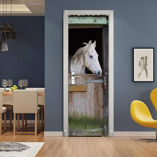 Horse 3D Door Stickers Murals - Peel & Stick Waterproof Washable Matt Finish Realistic Style Color Animal Pattern 37.4" x 82.7" Wall