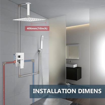 Aolemi Ceiling Mount Shower System Rain Shower Head with Handheld Spray High Pressure Shower Faucet Set Rough-in Valve Shower Trim Kit Included Bathroom Polish Chrome 16 Inch Ceiling Shower Head
