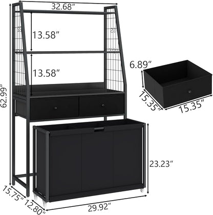Laundry Hamper Laundry Basket with 3 Section Pull-Out Rolling Bags & 2-Tier Storage Shelf, Laundry Sorter for Organization and Storage with 2 Drawers for Laundry Room, Bathroom