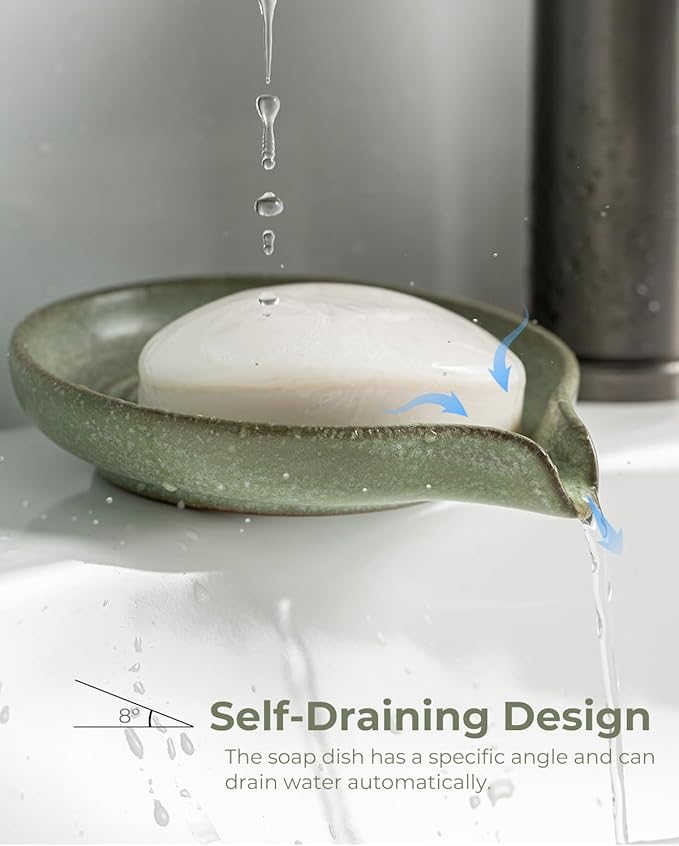 Soap Dishes, Ceramic Shower Soap Dish with Waterfall Design Bar Soap Holder Self Draining Soap Saver for Shower, Bathroom, Sink, Kitchen and Countertop, Green