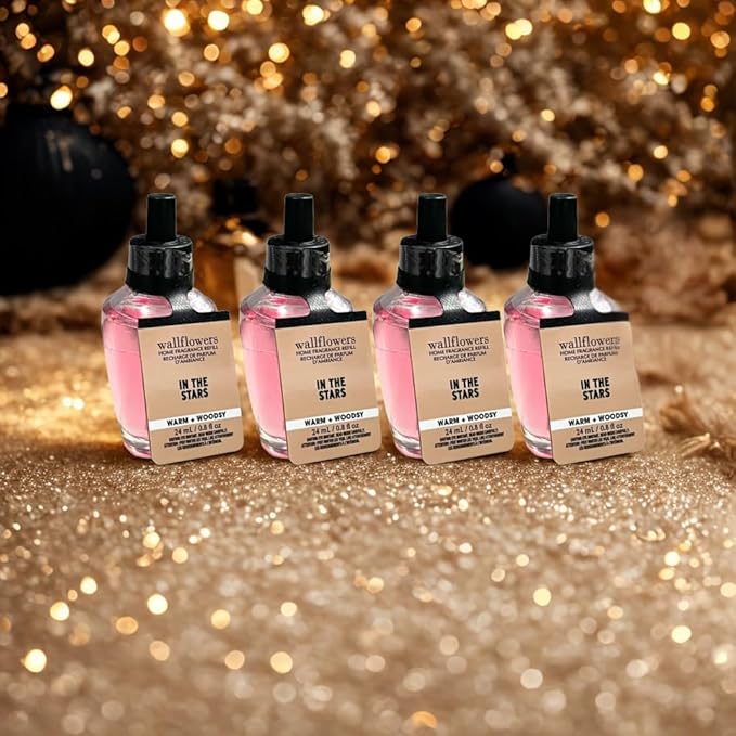 Bath & Body Works IN THE STARS Wallflowers Refills 4-Pack – Gift Set with 30-Inch Metallic Gold & Silver Striped Ribbon Bow for Holidays – 0.8 fl oz Each