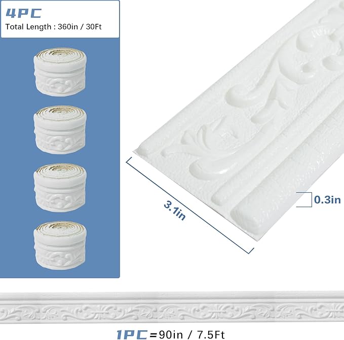 WAPANE 360" x 3.1" Peel Stick Foam Molding Trim Self Adhesive, Crown Molding Wallpaper Border Flexible, 3D Wall Edging Lines Foam Baseboard, Wall Trim for Home, White, 4PC