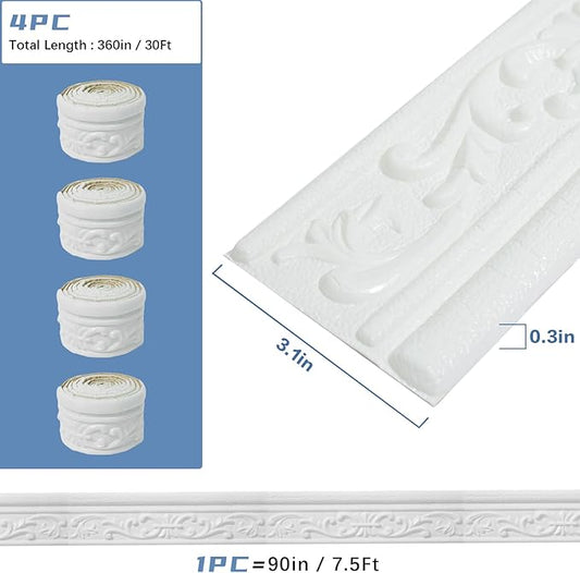WAPANE 360" x 3.1" Peel Stick Foam Molding Trim Self Adhesive, Crown Molding Wallpaper Border Flexible, 3D Wall Edging Lines Foam Baseboard, Wall Trim for Home, White, 4PC