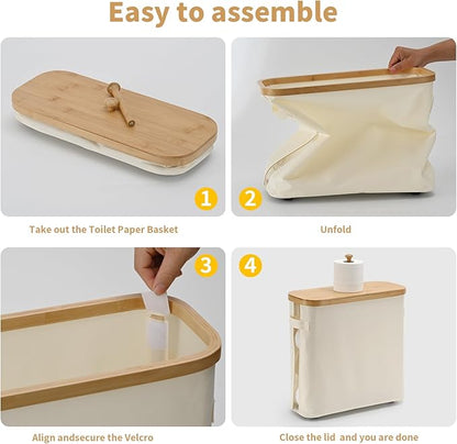 32L Bamboo Toilet Paper Storage Basket with Lid and Handle， Toilet Paper Organizer for Bathroom - Mega Capacity ， Collapsible Bathroom Toilet Paper Holder with Storage, Soft Beige，1 Pack