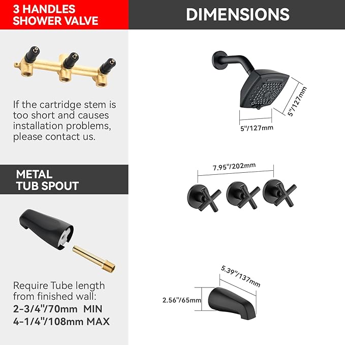 3 Handle Shower Faucet Set with Tub Spout 6-Spray Shower Head and Handle Set Shower Trim Kit with Rough-in Valve Bathroom Shower Faucet Valve Trim Kit Shower System Matte Black