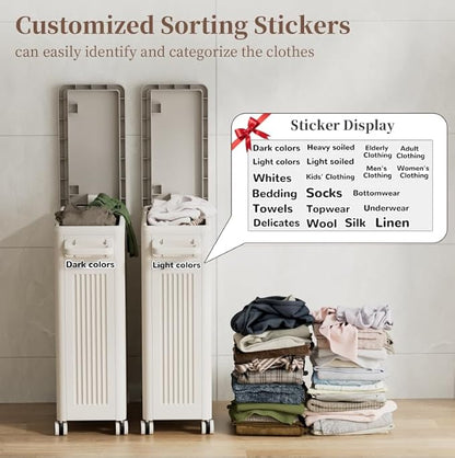 HAIXIN HOME Slim Laundry Hamper with Lid, 50L Plastic Tall Laundry Basket with Wheels, Compact Size for Narrow Space, Rolling Laundry Cart with Handle for Easy Transport to Laundry Room (2 Pack)