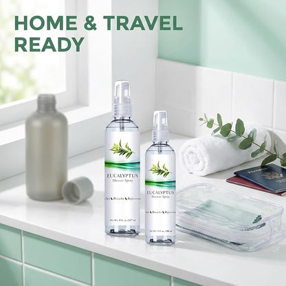 Eucalyptus Shower Spray, Essential Oil Mist for Bathrooms, Pillows, Linens, Travel Size Two Pack, Helps Sinus Relief for Steam Rooms, Spa and Sauna