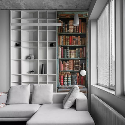 REDAMANCY Vintage Book Shelf Red Green Brown Antique Peel and Stick Door Stickers Vinyl 3D Door Mural Decals Decor Wallpaper Self-Adhesive, Waterproof, Removable