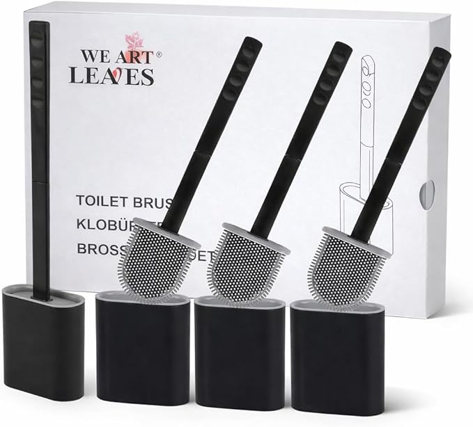 Modern Minimalist Silicone Toilet Brushes & Holders - Pack of 4 Toilet Bowl Brushes Black - Self-Cleaning & Splash-Free, Easy-Rinse Design with Wall Mounted Holder Bathroom Accessory
