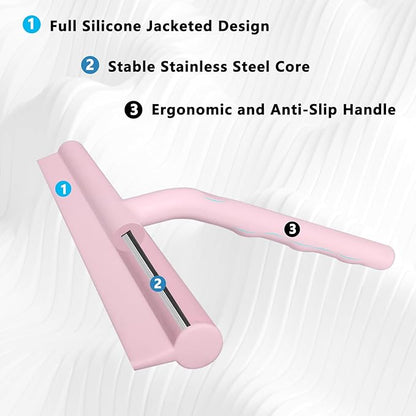 Silicone Shower Squeegee for Glass Doors Window Squeegee for Walls, Sink, Mirror, Bathroom, Car Window Cleaning - Pink