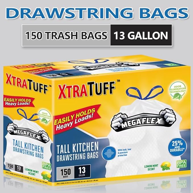 XtraTuff Tall Kitchen Drawstring Trash Bags, 13 Gallon, 150 Count, Lemon Mint Scented, MegaFlex Technology, Leak and Puncture Resistant, BPA Free