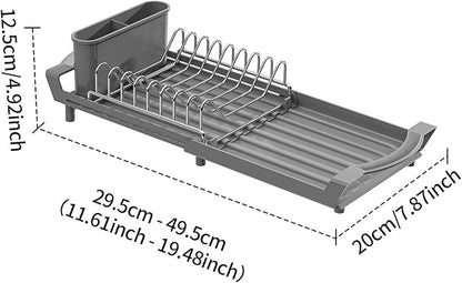 Expandable Dish Drying Rack for Sink or Countertop – Compact Stainless Steel Dish Drainer with Removable Utensil Holder, Rustproof Plate Rack for Small Kitchen Spaces, Grey