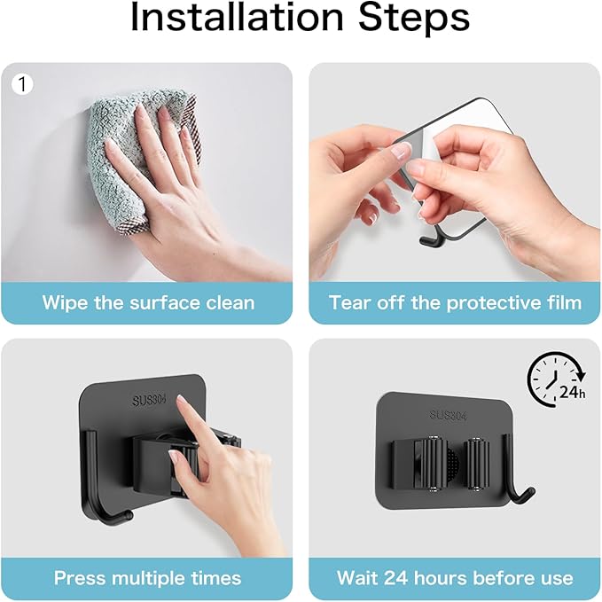 nacena 4 Pack No Drill Self Adhesive Broom Mop Holder Wall Mount with Hooks, Heavy Duty Stainless Steel Organizer for Kitchen Bathroom Garage Storage, Black