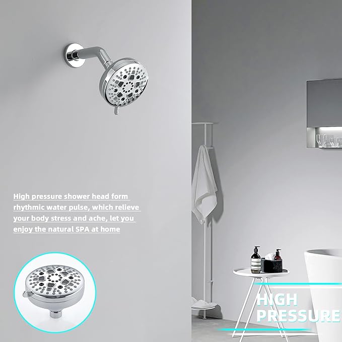 High Pressure Shower Head, 7-Spray Mode Adjustable Showerhead with 4-Inch Round Head, High Flow Handheld Shower for Low Water Pressure, Easy Install & Clean, Round Chrome