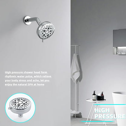 High Pressure Shower Head, 7-Spray Mode Adjustable Showerhead with 4-Inch Round Head, High Flow Handheld Shower for Low Water Pressure, Easy Install & Clean, Round Chrome