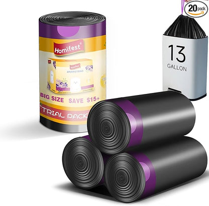 13 Gallon Drawstring Trash Bags,20 Count Black