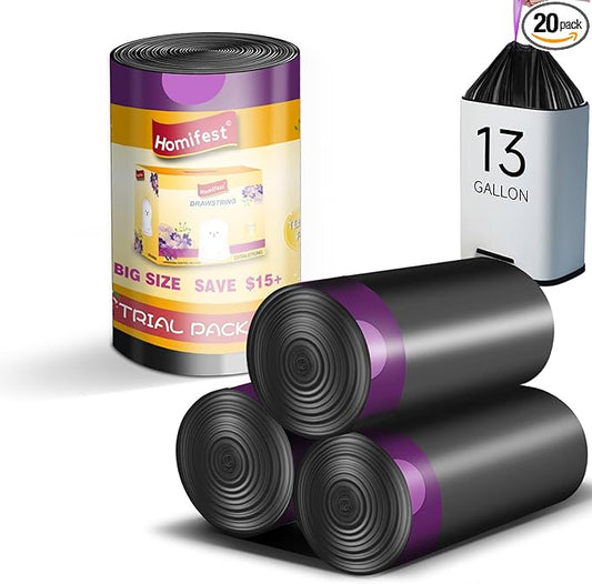 13 Gallon Drawstring Trash Bags,20 Count Black