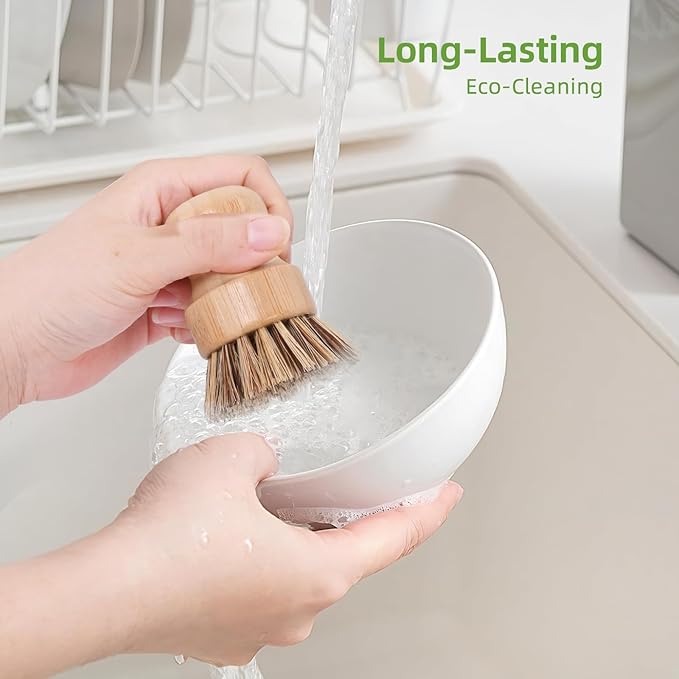 6 Packs Bamboo Dish Brush - Kitchen Scrub Brush, Natural Union Fiber and Tampico Fiber Dish Scrubber for Washing Cast Iron Pan/Pot(Hard Bristle)