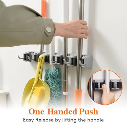 Lifewit Mop and Broom Holder Wall Mount, Anti-Slip Broom Hanger for Cleaning Supplies Organizer, Easy Install Tool Hanging Rack for Closet, Kitchen, Garage, 5 Slot 6 Hooks, Hold 30lbs, Gray, 1 Pack