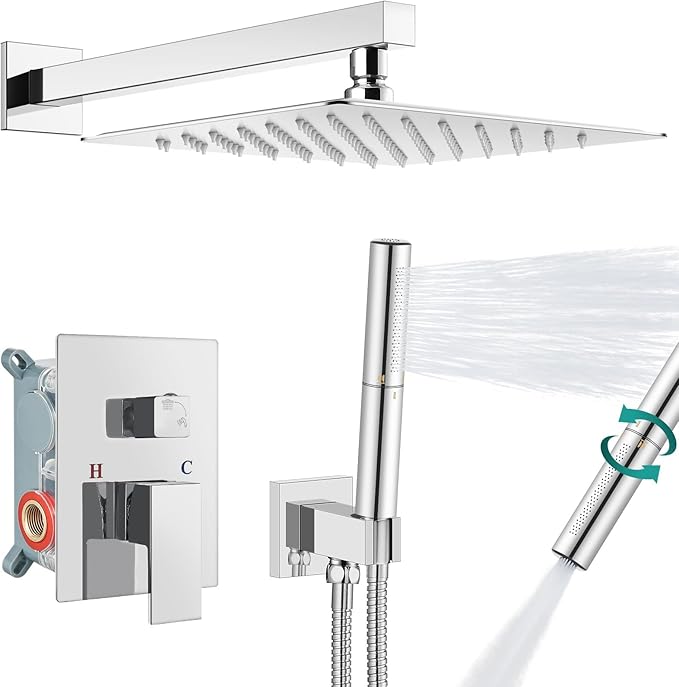 Aolemi Shower Faucet Set, High Pressure Shower System with 2-in-1 Handheld Sprayer, Wall Mount Fixture Combo with Rough-in Valve, 10 Inch Shower Head, Polish Chrome