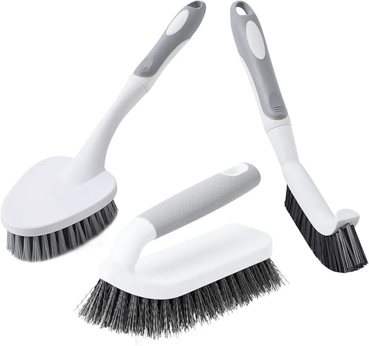 3 Pcs Scrub Brush,Multifunctional Cleaning Brush Set with Non-Slip Handle and Sturdy Bristles,Scrub Brushes for Cleaning Bathroom,Kitchen,Grout,Tile,Grey