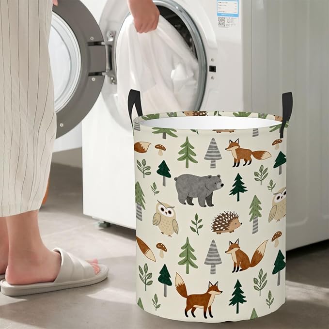 Kids Laundry Hamper Basket - Large Nursery Baby Hamper with Handle for Boys Girls Collapsible Clothes Baskets Organizer Toy Storage Bin Room Decor(Forest Animals)