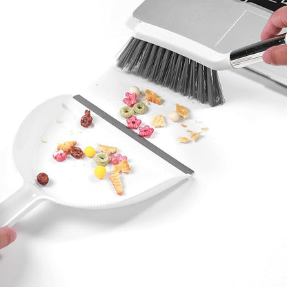 NACENA Mini Broom and Dustpan Set 2 Packs, Small Dust Pan and Brush Set with Handle Dustpan Teeth for Cleaning Hair Suitable for Office Desks Drawers Sofas Pet Care Outdoor Camping, White & Gray