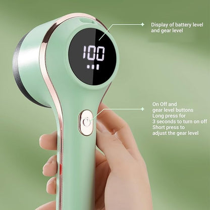 Rechargeable Electric Fabric Shaver with 6 Adjustable Blades, Portable Lint Remover for Clothes & Furniture, LED Display Sweater Defuzzer - Green (Battery-Powered, Fast Fuzz Removal)