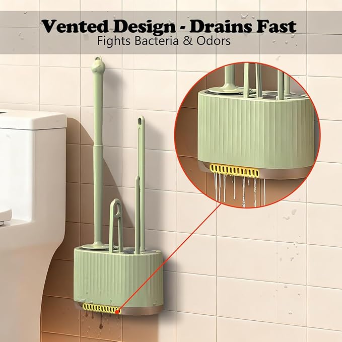 4 in 1 Toilet Cleaner Brush Toilet Bowl Brush and Holder Set Silicone Toilet Brush，Stuff Floor Standing or Wall Mounted Toilet Scrubber Without Drilling (Light Green)