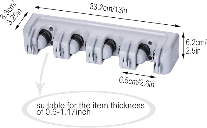 TOGU Mop and Broom Holder Wall Mounted 4 Position Storage Rack with 5 Retractable Hooks Holds up to 9 Tools Utility Weatherproof Holder for Garage Storage Systems Broom Organizer,Gray