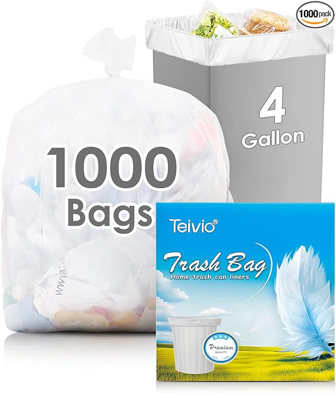 4 Gallon 1000 Counts Strong Trash Bag Garbage Bags by Teivio, Bathroom Trash Can Bin Liners, Small Plastic Bags for home office kitchen