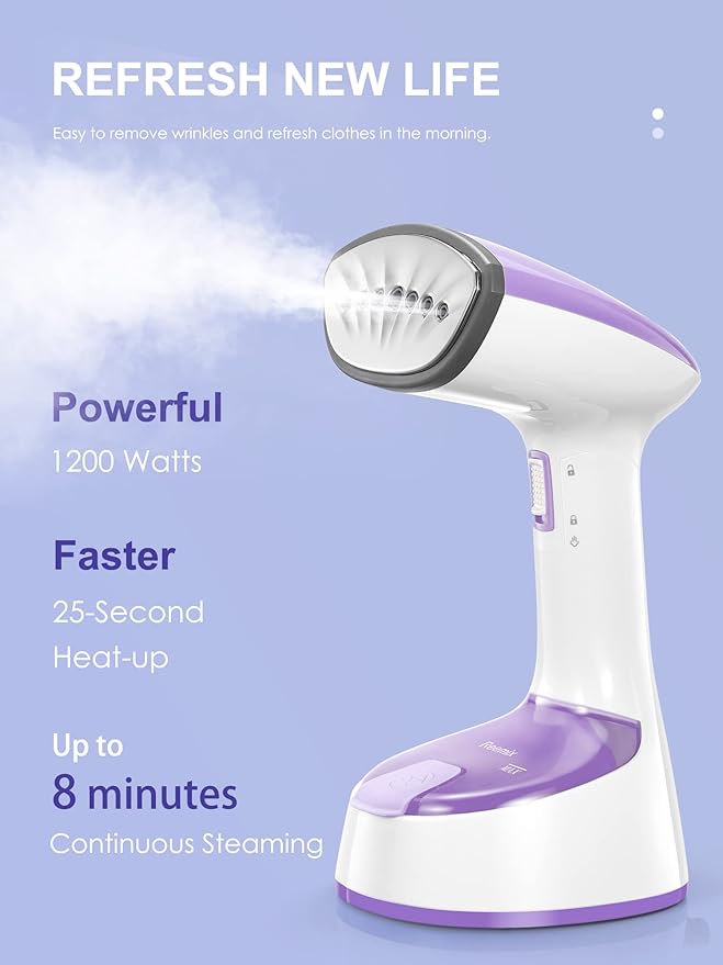 Reemix Steamer for Clothes, Folding Handheld Design Garment Wrinkles Remover, 20g/min Strong Penetrating Steam, 25-Sec Fast Heat-up, for Home, Office and Travel (Pink)