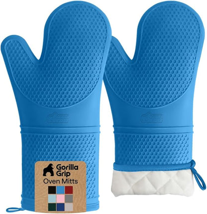 GORILLA GRIP BPA-Free Soft Silicone Oven Mitts, 14.5x8.3, Heat Resistant and Waterproof Cooking Gloves, Thick Cotton Lining, Flexible Gripping for Baking Grilling, Kitchen Potholders Set of 2, Aqua