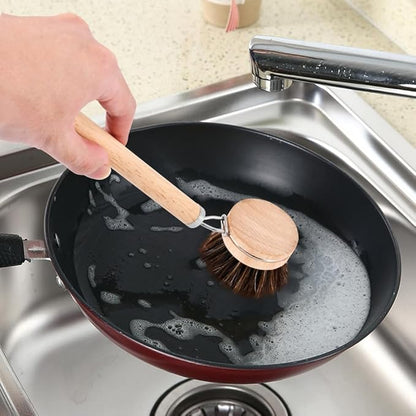 Bamboo Dish Brush with Handle, Wooden Handle with 3 Natural Bristle Heads, Natural Wood Dish Scrub Brush for Washing and Cleaning Pots and Pans
