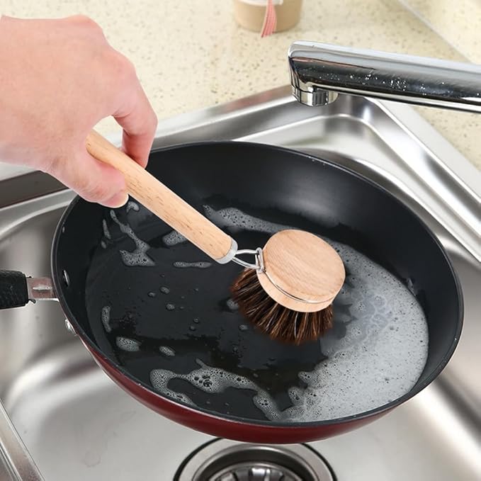 Bamboo Dish Brush with Handle, 3 Natural Bristle Heads (Horsehair, Sisal, Palm) Replaceable Heads, Wooden Dish Brush for Washing and Cleaning Pot Pan Bowl
