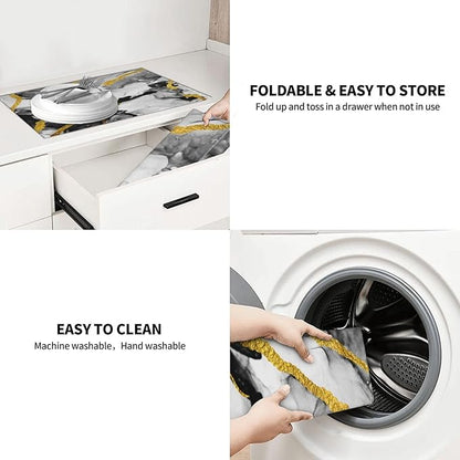 Black White Gold Marble Dish Drying Mats for Kitchen Counter, Absorbent Microfiber Drying Pad for Countertop & Sink, 18" x 24" Foldable Modern Kitchen Dish Draining Mat for Dining Area, Home Decor
