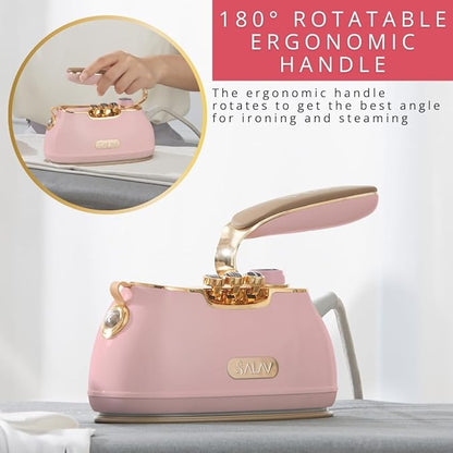 SALAV Retro Handheld Garment Steamer + Iron, Ceramic Steam Plate, 1000 watts of Steam, Removes Wrinkles on Clothes (Rose, Steamer and Iron + Fabric Shaver and Lint Roller)