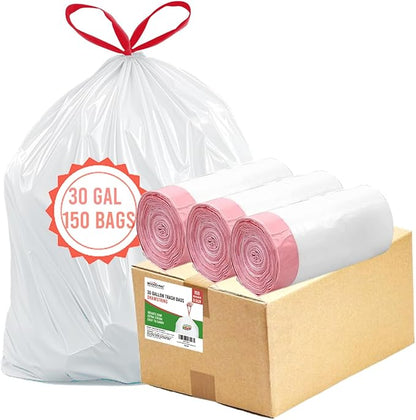 BEIDOU-PAC 30 Gallon Trash Bags Drawstring, 150 Count, White | Unscented | Heavy Duty Multi-purpose Garbage Bags Can Liners for Business Home Kitchen Commercial and Industrial