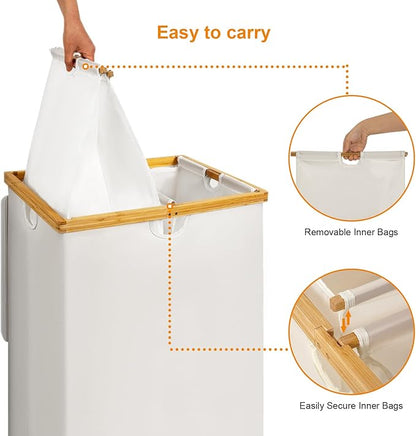 WOWLIVE 165L Double Laundry Hamper with Lid Bamboo Laundry Basket 2 Section,Large Dirty Clothes Hamper with Removable Bags, Laundry Bin Organizer Storage for Dorm,Bedroom,Bathroom,Beige