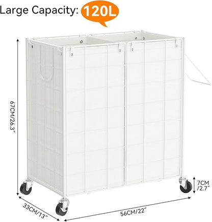 WOWLIVE Double Laundry Hamper with Wheels,Metal Wire Frame Rolling Laundry Basket with 2 Removable bags,120L Dirty Clothes Hamper Organizer Dorm Room Storage for Bedroom,Bathroom,White
