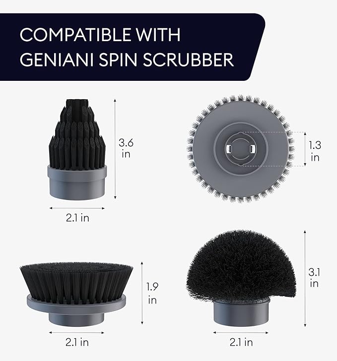 Replacement Brush Heads Set of 3 for GENIANI Electric Spin Scrubber, Scrub Brush for Cleaning Bathroom, Tile, Floor, Tub, and Shower (Black)