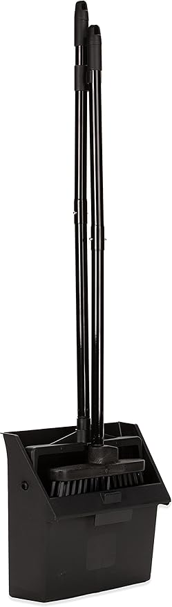 Carlisle FoodService Products Duo-Pan Lobby Broom and Dustpan Set – 36" Upright Broom with 2-Piece Handle and Pivoting Pan – Compact Commercial Floor Tool for Tight Spaces, Black