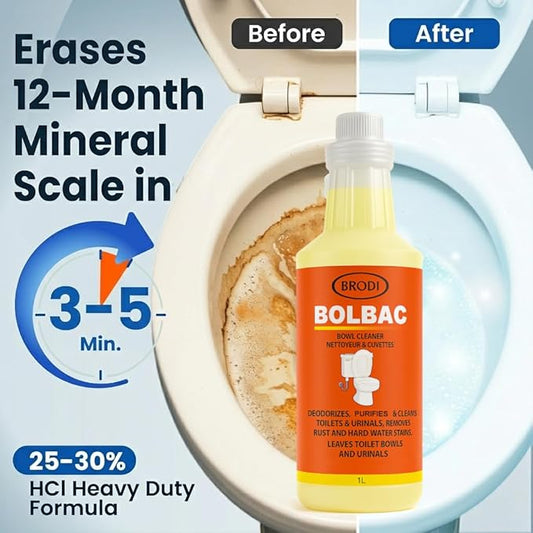 Brodi BolBac Heavy Duty Toilet Bowl Cleaner, High-Power 25-30% HCI Formula, Fast Lime & Rust Removal, Fixture-Safe, Removes Odor-Causing Build-Up (Pack of 1)