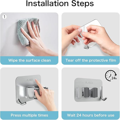 nacena 4 Pack No Drill Self Adhesive Broom Mop Holder Wall Mount with Hooks, Heavy Duty Stainless Steel Organizer for Kitchen Bathroom Garage Storage,Silver
