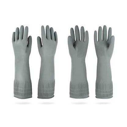 Mamison 2 Pairs Reusable Waterproof Household Dishwashing Cleaning Rubber Gloves, Non-Slip Kitchen Glove (Grey, Large (Pack of 2))