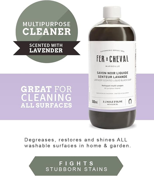Fer à Cheval Liquid Black Soap All Purpose Cleaner with Olive Oil, Concentrated Multi-Use Cleaner for Home Surfaces, 500 ml / 16.9 fl oz, Lavender