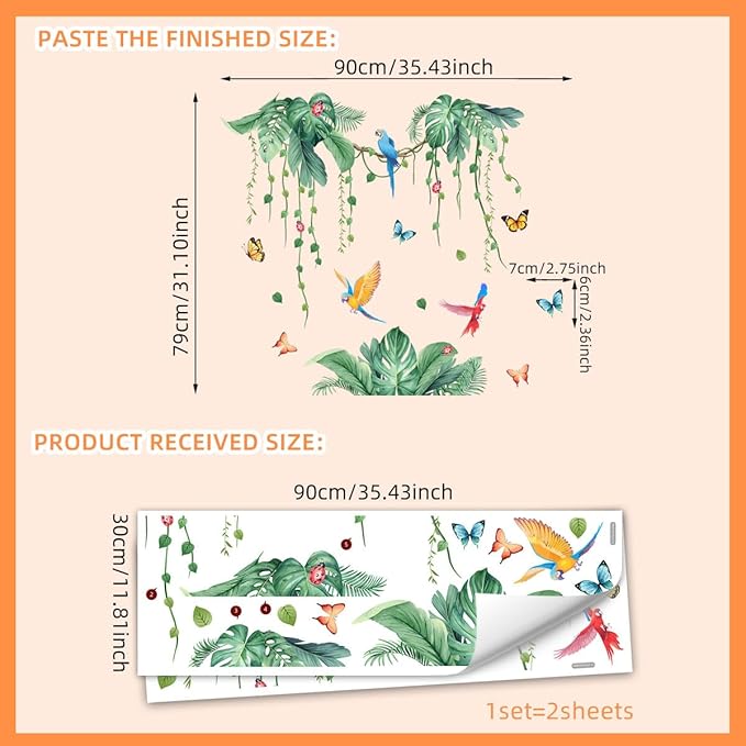 2 Sheets Jungle Wall Decals Peel and Stick Removable Vine Wall Stickers & Murals for Living Room Bedroom Vinyl Jungle Nursery Decor Tropical Wallpaper Green Plants Leaves Wall Decals with Parrot Birds