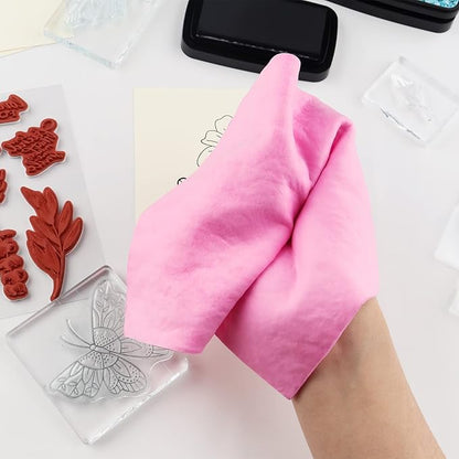 BAOFALI 3-Pack Stamp Shammy Cleaning Cloth - 6x8 Inch Super Absorbent Suede Cloth for Stamp Cleaner,Glass Mat and Craft Supplies,Reusable Stamping Tool, (Pink, Blue, Green)